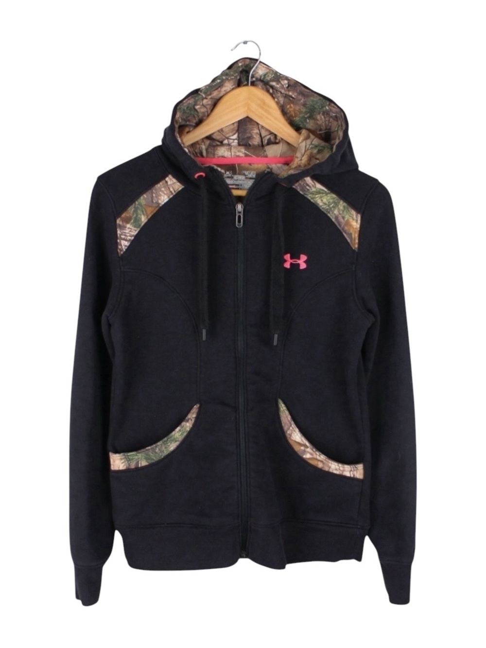 Under Armour Womens Medium Hoodie Storm Full Zip Black Camo Trim Semi Fitted